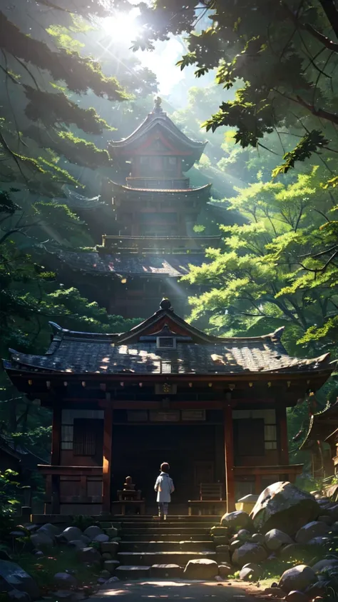 An old shrine in the mountains, sunlight filtering through the trees, and a little boy