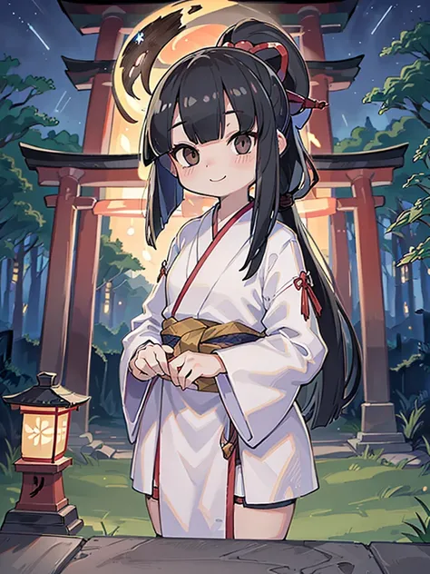 masutepiece, ultra-detailliert, best quality, at night, little smile, a lot of fireflies, Shrine maiden, shrine, Deep forest, Stone torii gate, Black Hair, long hair, (Blunt Bangs:1.6), Hair tied in a ponytail, black eyes, Juozhen, White Fox,