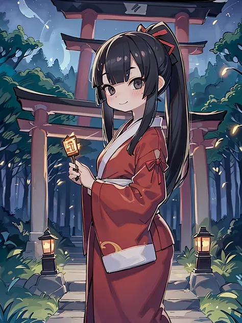 masutepiece, ultra-detailliert, best quality, at night, little smile, a lot of fireflies, Shrine maiden, shrine, Deep forest, Stone torii gate, Black Hair, long hair, (Blunt Bangs:1.6), Hair tied in a ponytail, black eyes, Juozhen, White Fox,