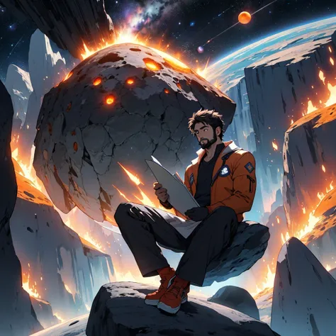 Draw a young programmer, sitting on a research platform floating in the middle of an asteroid belt. He is studying with a notebook, surrounded by several asteroids glowing with fiery auras. Dramatic lighting from distant stars and planets illuminates the s...