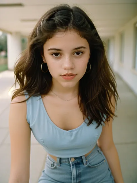 close-up portrait photo, (shot on Portra 400). Elegant Minimalistic Photography, 1990s, 19-year-old girl in high school in the 90s. She wears high-waisted jeans with a classic cut and a sleeveless blouse with vibrant colors or prints typical of the decade....