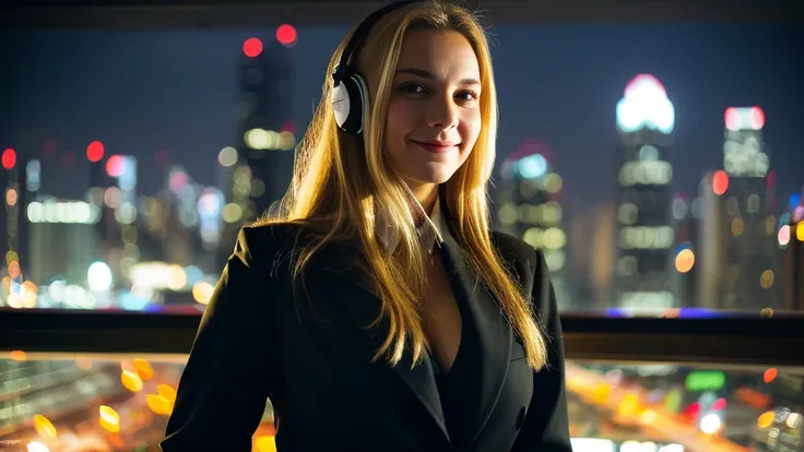 Beautiful blonde with big breasts in a black suit (Big city at night、View of the big city from inside the room),Wearing headphones,Very detailed, 21 years old, Innocent face, Naturally Wavy Hair, blue eyes, High resolution, masterpiece, Highest quality, In...