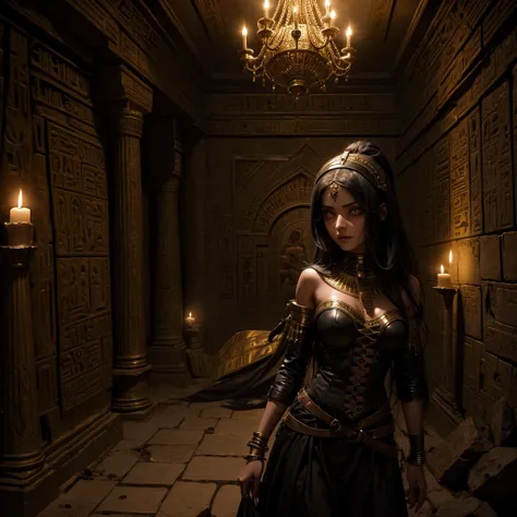 A dark gothic girl is chased by an Egyptian mummy inside an Egyptian tomb with some hieroglyphics on the walls, the dark gothic girl has a scared expression and seems to ask for help towards the camera