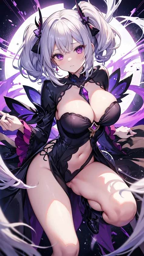 Silver Hair、Bobcut、Completely naked、blackい翼を持つ女性、Big Breasts、Spread your legs、Nipples、vagina、羽根のモチーフが付いたblackい服、Her clothes are open, Exposed breasts and thighs、Show off your thighs、It also has a purple gem..、Official Anime Artwork, Ayaka Genshin Impact, b...