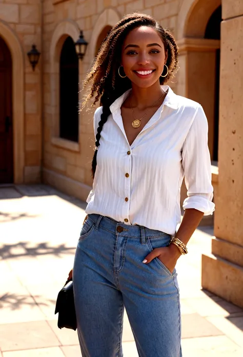 femme, souriante, beau sourire, soleil, casual outfit