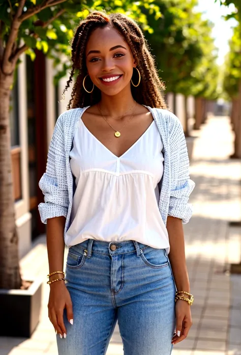 femme, souriante, beau sourire, soleil, casual outfit