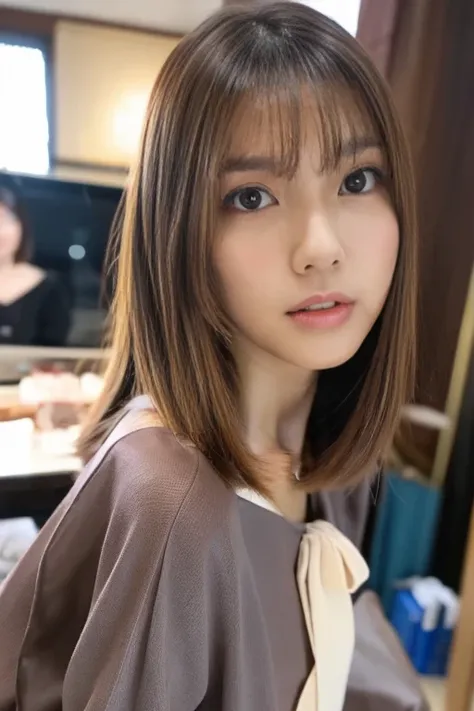 Highest quality, 8k,  ,masterpiece :1.3)), nude、黒Pantyhose、Open your legs in an M shape、whole body、Lying in bed、Luxury、In-person audience,((whole body1.2)) ,Beautiful woman ,One girl,  Brown Hair  , bangs,Highly detailed face, Highly detailed lips, Fine gr...