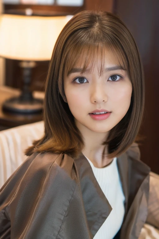 Highest quality, 8k,  ,masterpiece :1.3)), nude、黒Pantyhose、Open your legs in an M shape、whole body、Lying in bed、Luxury、In-person audience,((whole body1.2)) ,Beautiful woman ,One girl,  Brown Hair  , bangs,Highly detailed face, Highly detailed lips, Fine gr...