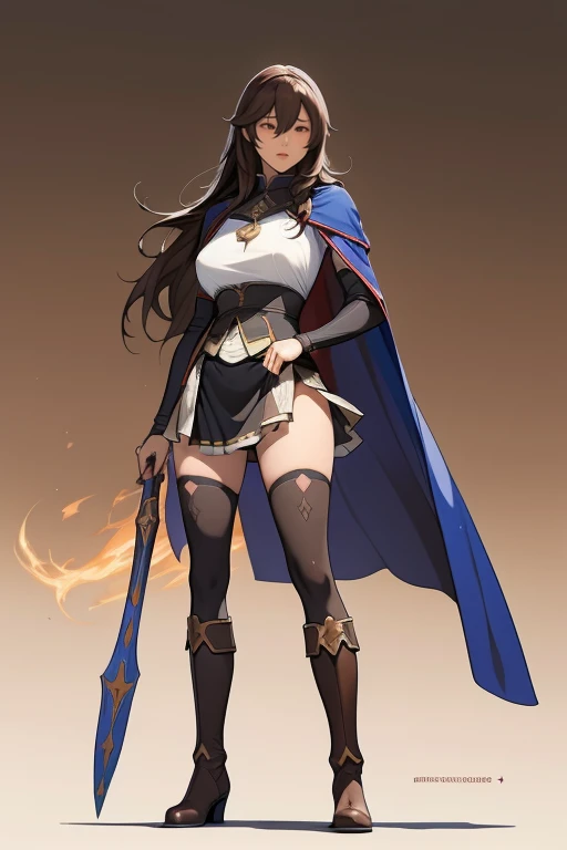 (masterpiece, best quality), nsfw, Mature Woman,23 years old, brown hair, long hair,A woman in a costume with a cape and boots, ((up skirt:1.5)),Fantasy, In the deserted old castle, RPG Portrait Full Body, female Anime characters, JRPG Characters art, Luci...