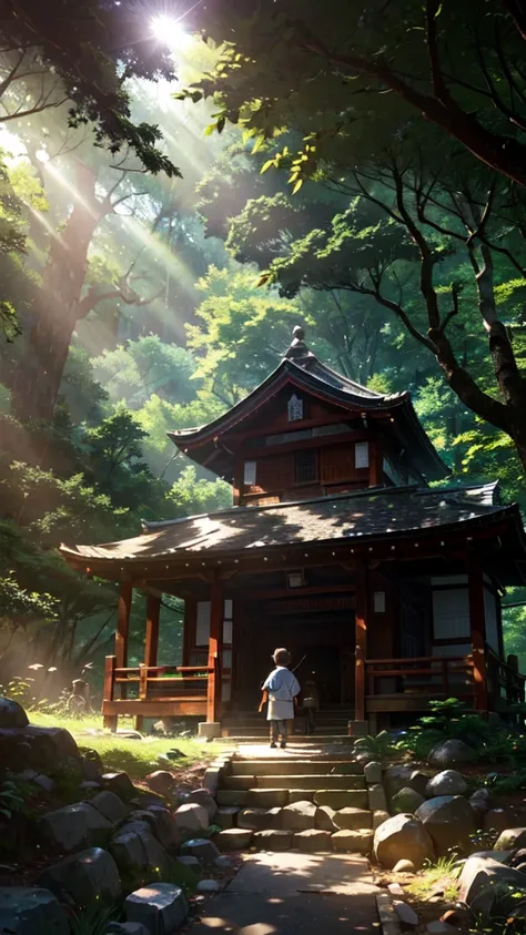 An old shrine in the mountains, sunlight filtering through the trees, and a little boy，insect catching