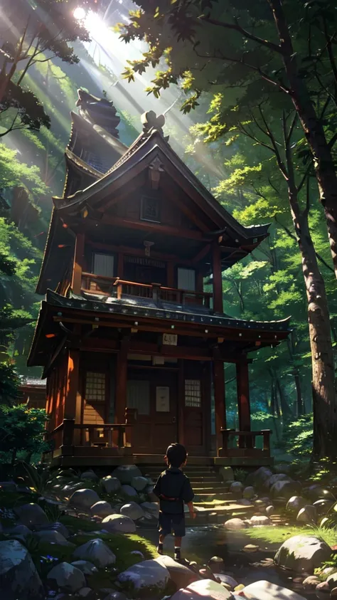 An old shrine in the mountains, sunlight filtering through the trees, and a little boy，insect catching