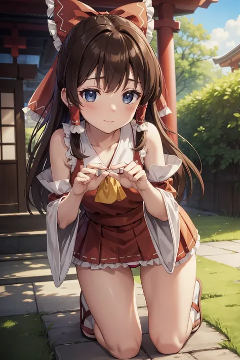 reimu hakurei, (Brown eyes:1.5), Brown Hair, bow, hair bow, Hair Tube, Long Hair, red bow, Side Lock,
Blake Ascot, Bare shoulders,Removable sleeves, embellished costume, Frills, kimono, Non-traditional Shrine Maiden, Red Skirt, Sandals, sarashi, mini skirt...