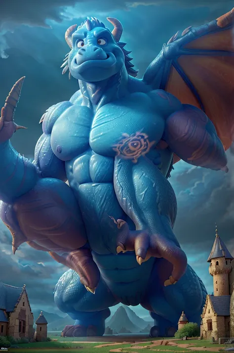 a gigantic muscular dragon with big pecs and biceps, in a fairytale castle in the sky with clouds, intricate details, cinematic lighting, dramatic composition, vivid colors, (best quality,4k,8k,highres,masterpiece:1.2),ultra-detailed,(realistic,photorealis...