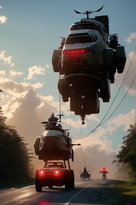 ssta, road, car with canoe, tall mech with toy face, wires, smaller mech drone people with glowing red eyes, jesus christ, arrodillado orando a los cielos, frente a un hermoso orisonte