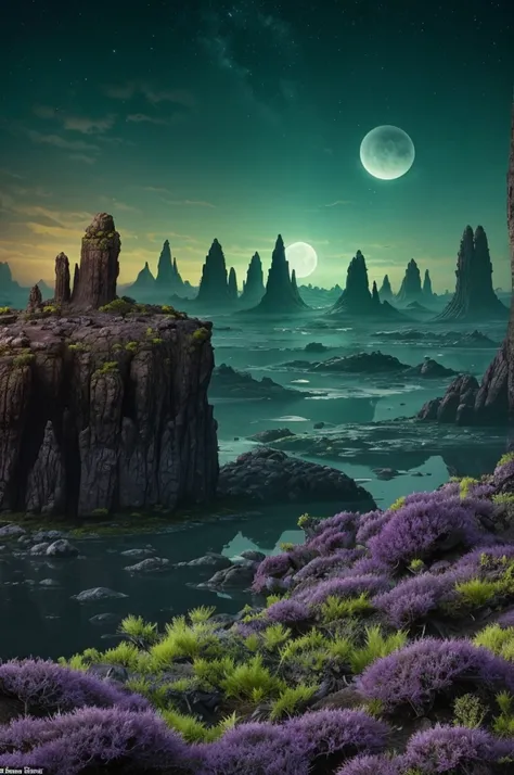 An otherworldly terrain with unusual rock formations, alien plants with glowing colors, and strange, floating creatures. The sky is an unusual hue, possibly green or purple, with two moons visible.