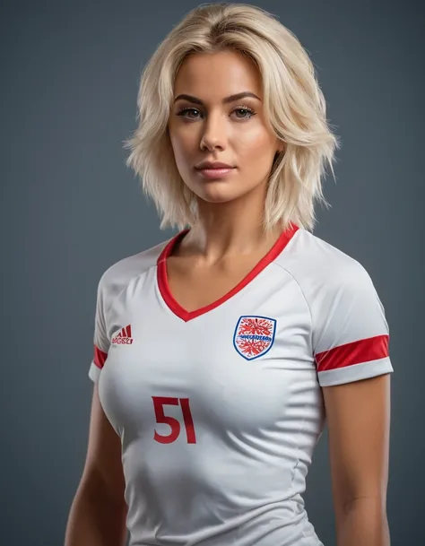 beautiful blonde woman wearing a tight England football shirt and gstring panties, full body picture, intricate detailed face, perfect body, athletic body, beautiful detailed eyes, beautiful detailed lips, long eyelashes, muscular athletic figure, dynamic ...