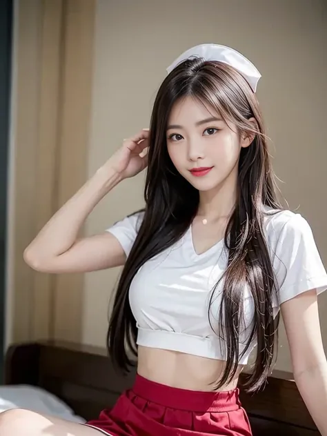 arafed asian woman in a white shirt wearing red bra inside and nurse skirt posing for a picture, a picture by Oliver Sin, trending on cg society, shin hanga, korean girl, gorgeous young korean woman, beautiful asian girl, beautiful south korean woman, gorg...