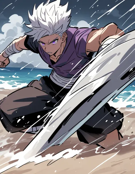 White-haired, violet-eyed Greek boy with one arm covered in bandages training hard on a shady beach during a strong storm