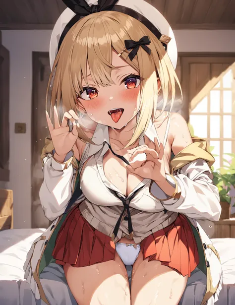 ((solo girl)),((Perfect body,))((Super beautiful,))((High quality,)),in bedroom,big breast,collar,nswf,cowboy shot, ((Reisalin Stout,Atelier Ryza,hat,hairbow,blond hair,brown skin,white blazer school uniforms,very short red Pleated skirts,))Pleated skirts ...