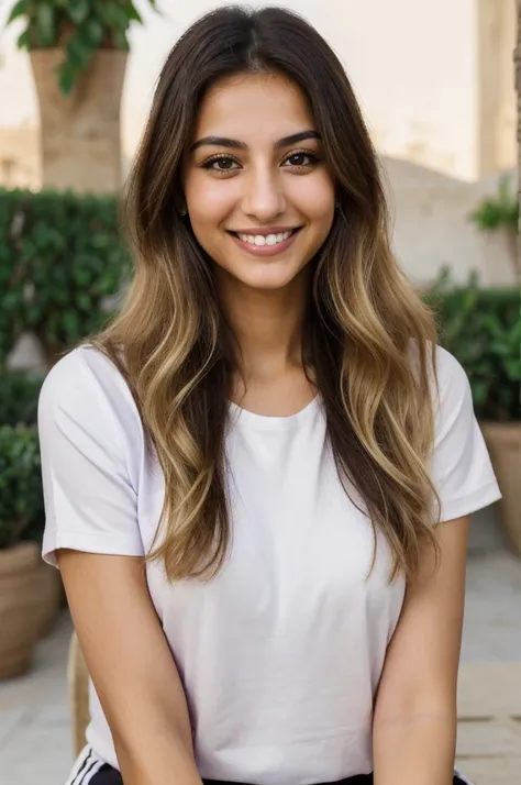 24YO,one attractive Jordanian women, purple shirt, cute smile, cute face, white teethes, skinny face, light brown eyes, small nose, black/blonde long hair