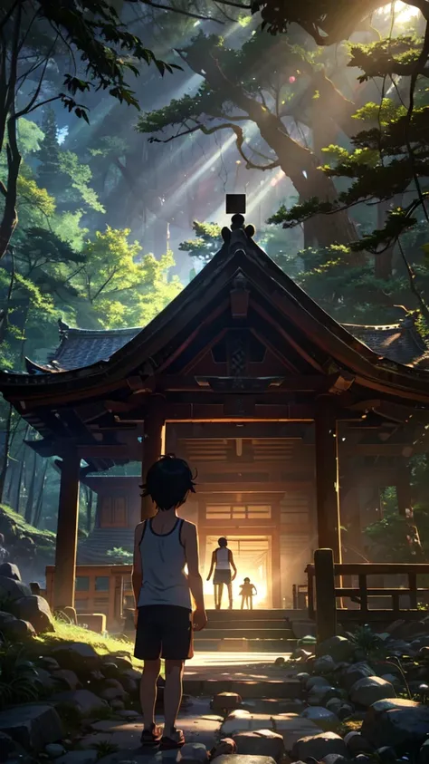 An old shrine in the mountains, sunlight filtering through the trees, and a little boy，Praying, shorts and a tank top,