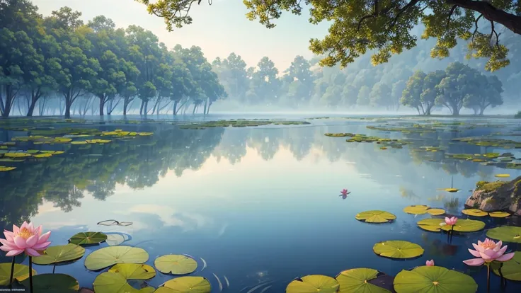 The photo depicts a peaceful scene with lotus flowers and lotus leaves on the water, perhaps a lotus pond. The air looks foggy, suggests a foggy early morning. Some pink lotus flowers are blooming, while the other flowers are still in bud form. Large green...