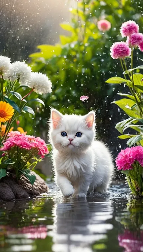 some adorable cats are playing water in the garden with amount flowers and trees in winter season