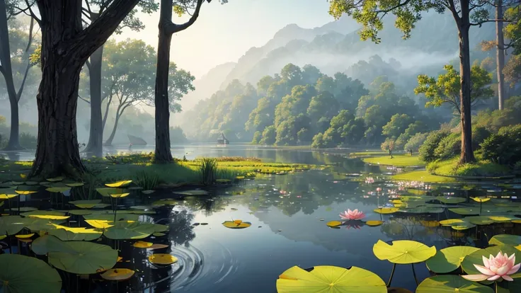 The photo depicts a peaceful scene with lotus flowers and lotus leaves on the water, perhaps a lotus pond. The air looks foggy, suggests a foggy early morning. Some pink lotus flowers are blooming, while the other flowers are still in bud form. Large green...