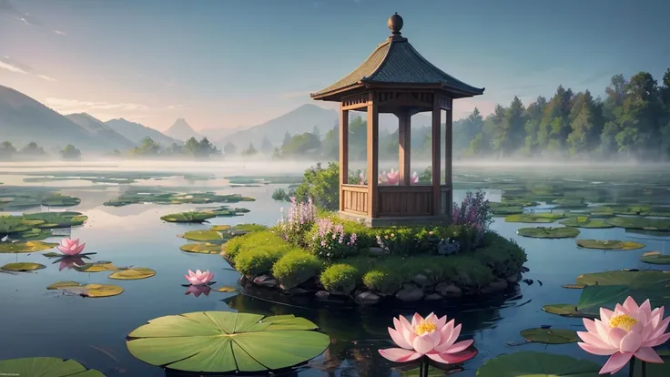 The photo depicts a peaceful scene with lotus flowers and lotus leaves on the water, perhaps a lotus pond. The air looks foggy, suggests a foggy early morning. Some pink lotus flowers are blooming, while the other flowers are still in bud form. Large green...