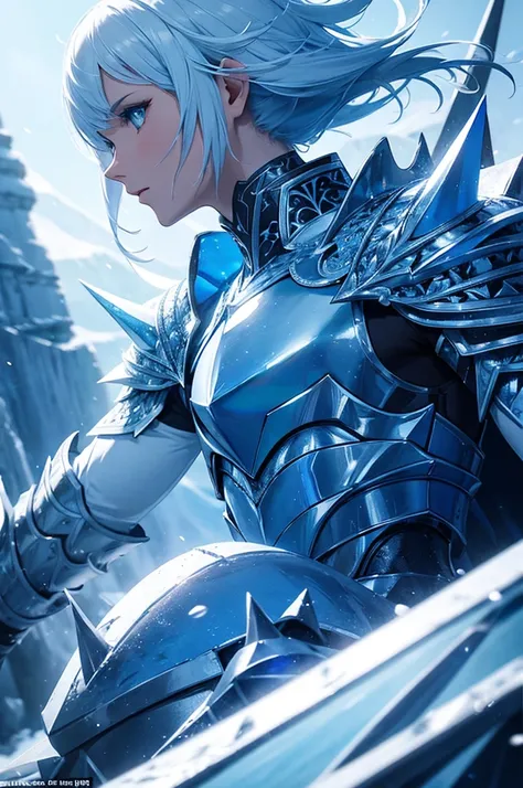 Ice knight, fine armor, intricate design, ocean blue details, silk, cinematic lighting, 4k, floating hair, sharp, prism, shining knight