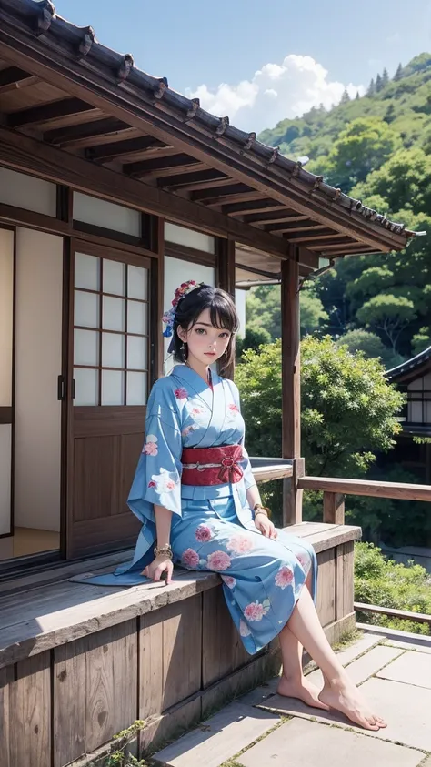 ((最high quality, 8k, masterpiece: 1.3, Ultra HD, high quality, 最high quality, High resolution, realism)) 、Beautiful Japan woman at 22 years old、Straight hair、smile、Slender body、Wear accessories on your wrist、Sitting on the balcony of a Japanese house in th...