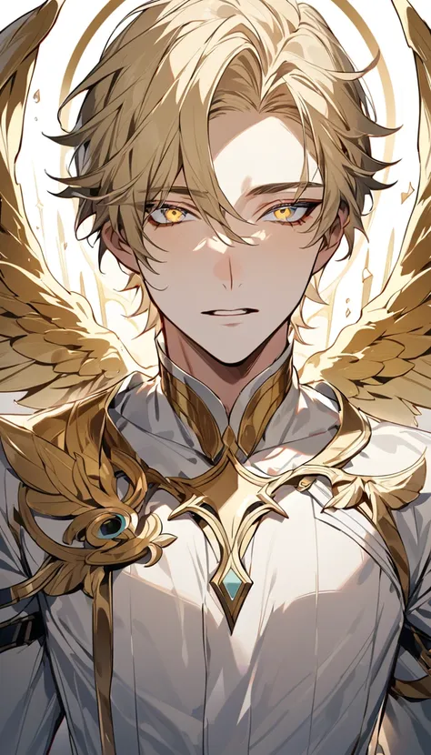 (high-quality, breathtaking),(expressive eyes, perfect face) archangel joel, male, golden wings, pale light yellow eye color