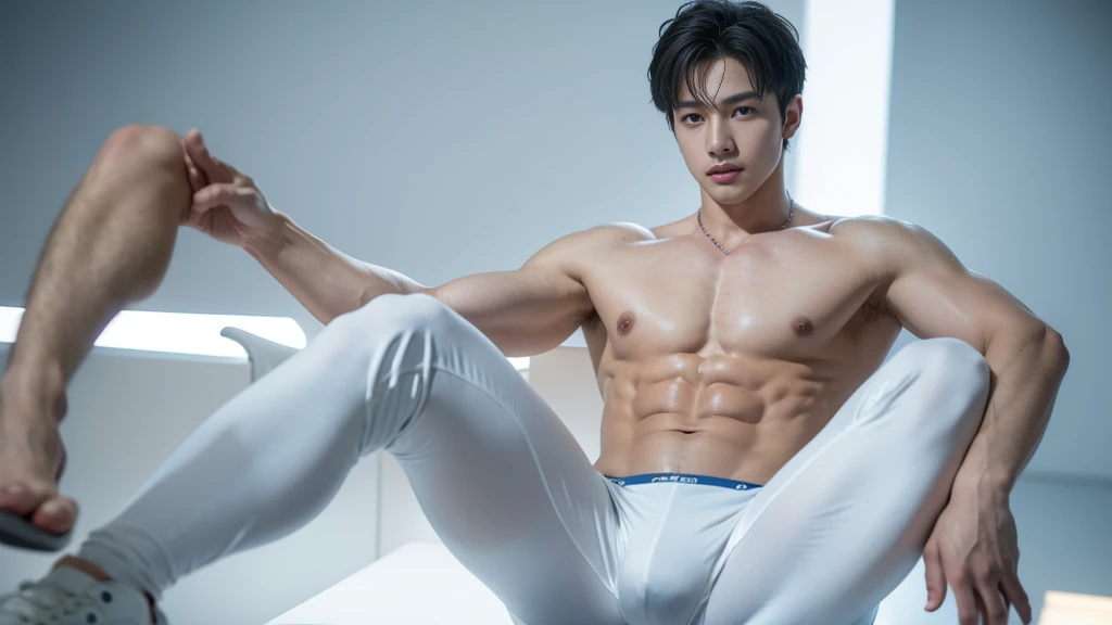 (Absurd, High resolution, Super detailed, High resolution), masterpiece, Highest quality, Portrait of a Boy, Handsome boy with red eyes, Detailed face, Professional photos, The Alafed man entered the fight shirtless, Fight comfortably，Legs open, (Plump nip...