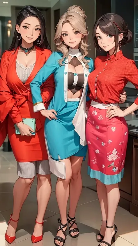 three sexy women , flustered smiles, women have various hairstyles and hair colors, looking at camera