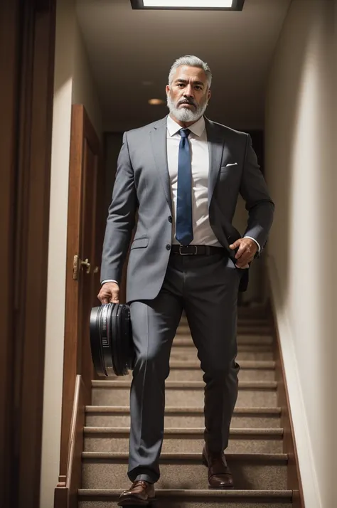 Adult Latino man, 50 years old, climbing a staircase, with distinct facial features, gray hair, lumberjack beard, clear and penetrating skin. Stylish office suit, full body, intricate details, sharp focus, dramatic, photorealistic, Highly detailed and epic...