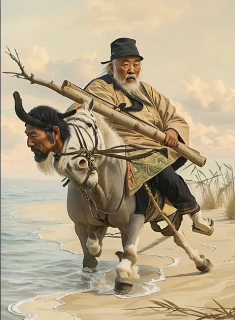 a chinese old man touching his white beard and riding a realistic donkey, holding a bamboo with a y stick inside the bamboo, don...