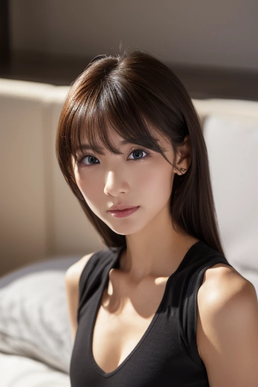 ((Realistic lighting, best qualtiy, 8k, masterpiece:1.3)), Skinny Japanese woman, 30 years old, 1girl, Perfect Figure:1.4, Slim abs:1.1, small breasts, very thin waist, ((dark brown hair)), (White crop top:1.4）,（exteriors，during night：1.1），Sit on the indoo...