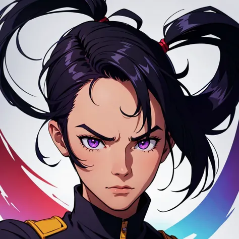 anime looking, anime style, anime art, colorful parts, symbols, dark , bold, mixing dark lines and loose lines, bold lines, on paper, short black hair, trimmed sides of head, clean sides of head, highres, high resolution, masterpiece, wide purple eyes, mas...