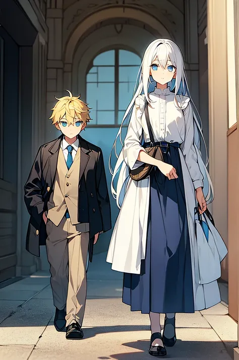 The girl has long blue domain white hair with the boy has blonde hair standing side by side carrying bags 