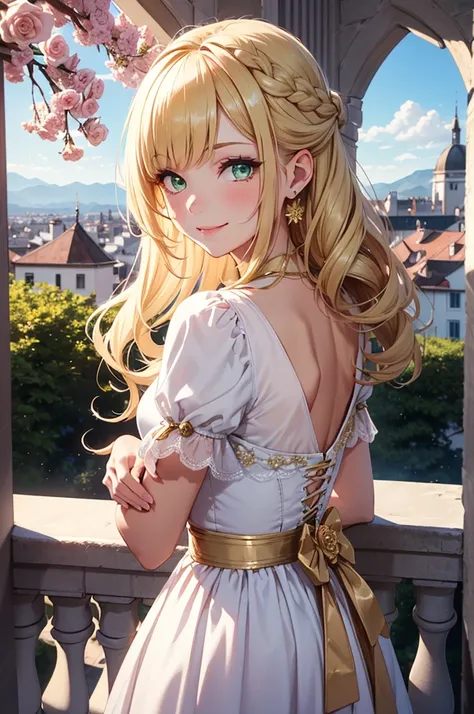 1girl, elaborate blonde updo hairstyle with bangs, almond shaped green eyes, wearing a white regency inspired dress with simple gold, and flower accessories, slight makeup, rose lipgloss, smiling softly, absurdres, high res, ultrasharp, 8k, masterpiece, st...