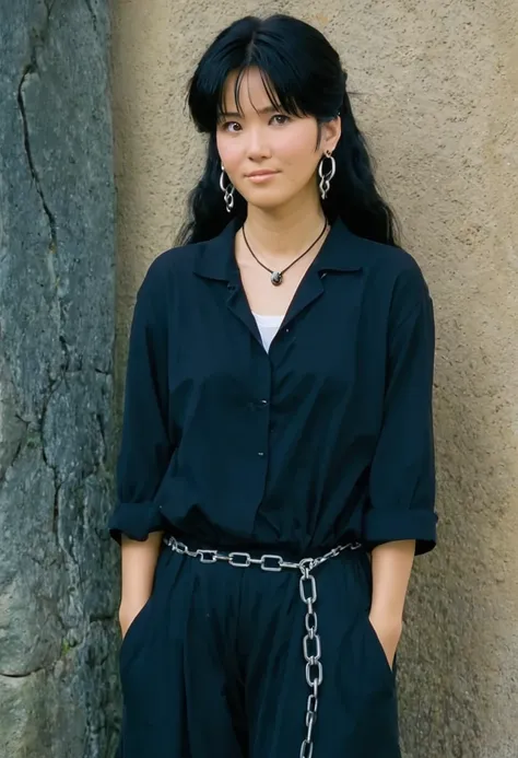 A Ghiblis studio character. With messy black hair and dark large clothes. she wear very noticeable earrings. She is chained 