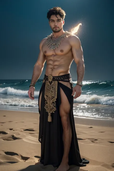 full Body photorealistic handsome Hunky Sand Spirit, skin made dust and sand filigree, holding a glowing opal jewel staff,. Dune and sands as background face frontal camera focus asymmetrical face details,charachter, beautiful, devian art, trending artstat...