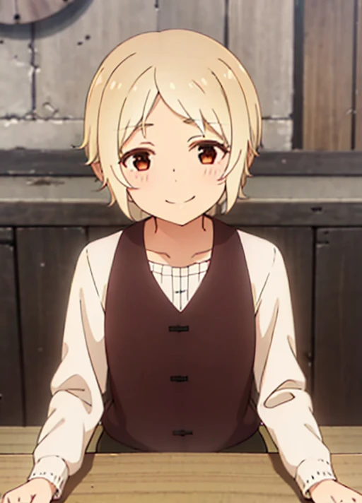 (masterpiece, best quality:1.2),

1girl, short hair, brown eyes, blonde hair, smile, blush, looking at viewer,
shirt, white shirt, vest, brown vest,

