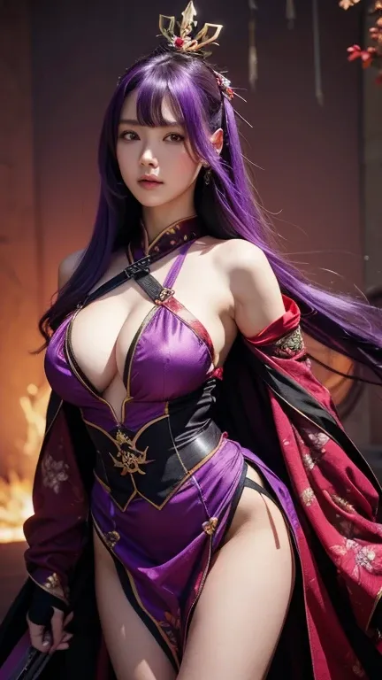 Nohime，Female Generals，He has a dagger and a gun，Purple Hair，Wearing black armor，Wearing a red dress，Her breasts are slightly visible，One leg is visible，Floral clothes