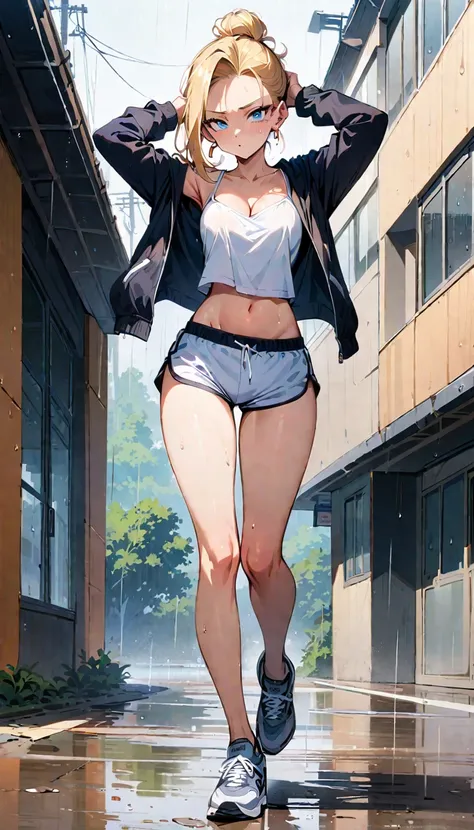 (masterpiece, best quality:1.2), full body, solo, Android 18 from Dragon Ball, ((white slip-on crop top)), ((black dolphin shorts)), (black hooded crop jacket), thighs, midriff, small breasts, sweat, blonde hair, (single hair bun), ((blue eyes)), earrings ...