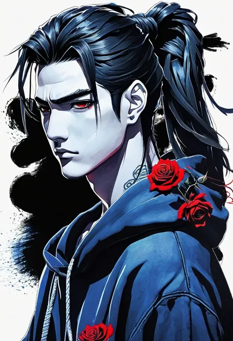 solo, handsome, Monochrome,watercolor,1 male, Ponytail, Braided black hair, red eyes, Gojo Satoru,casual,Blue Rose Tattoo,black Oversized hoodie,casual,Stylish,cool,
blackbackground,icon,Despise face up