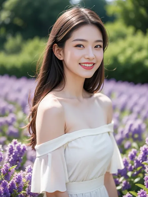 Best quality, masterpiece, ultra high res, (photorealistic:1.4), raw photo, 1girl, white dress, off shoulder, blossom violet flower field, glowing skin, light smile