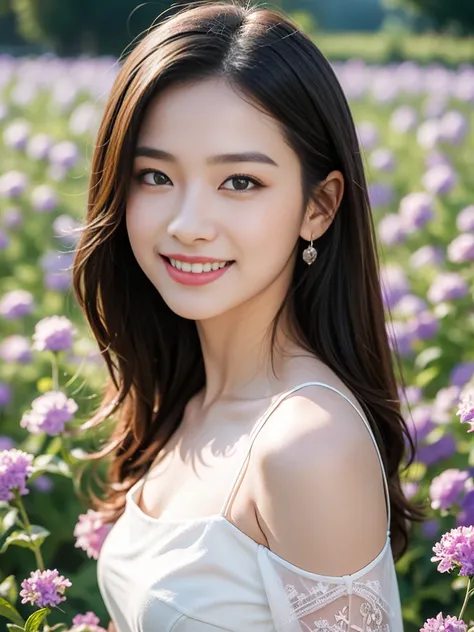 Best quality, masterpiece, ultra high res, (photorealistic:1.4), raw photo, 1girl, white dress, off shoulder, blossom violet flower field, glowing skin, light smile