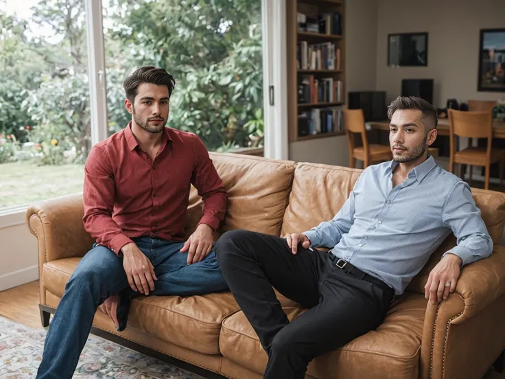 shot by Sony a7 IV Mirrorless Camera, natural light, analog film photo, Kodachrome , handsome men ,Long sleeve shirt and loose pants .sofa