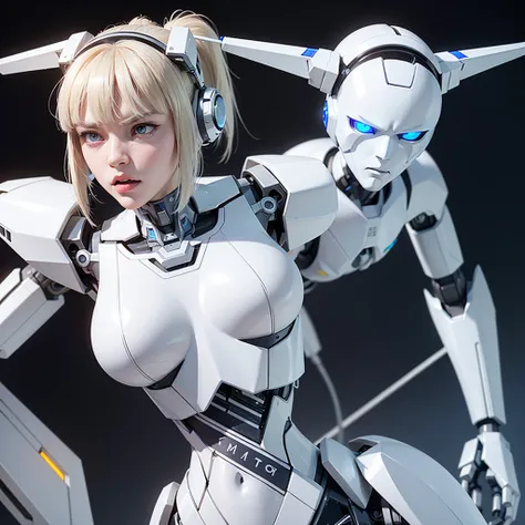 a girl with a full white cyborg body, featuring sleek and high-tech components. She has beautiful blonde ponytail and bangs, blue eyes, and an angry expression. with her polished mechanical limbs and torso emphasizing her intense emotions. ((white robot me...